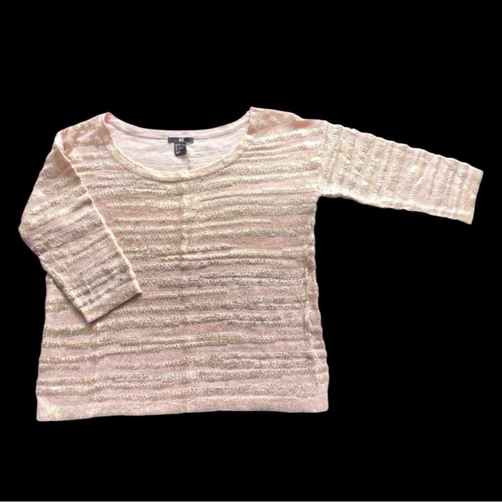 H&M light Peachy Pink gold shimmer Striped Top 3/4 sleeves round neck knit top M